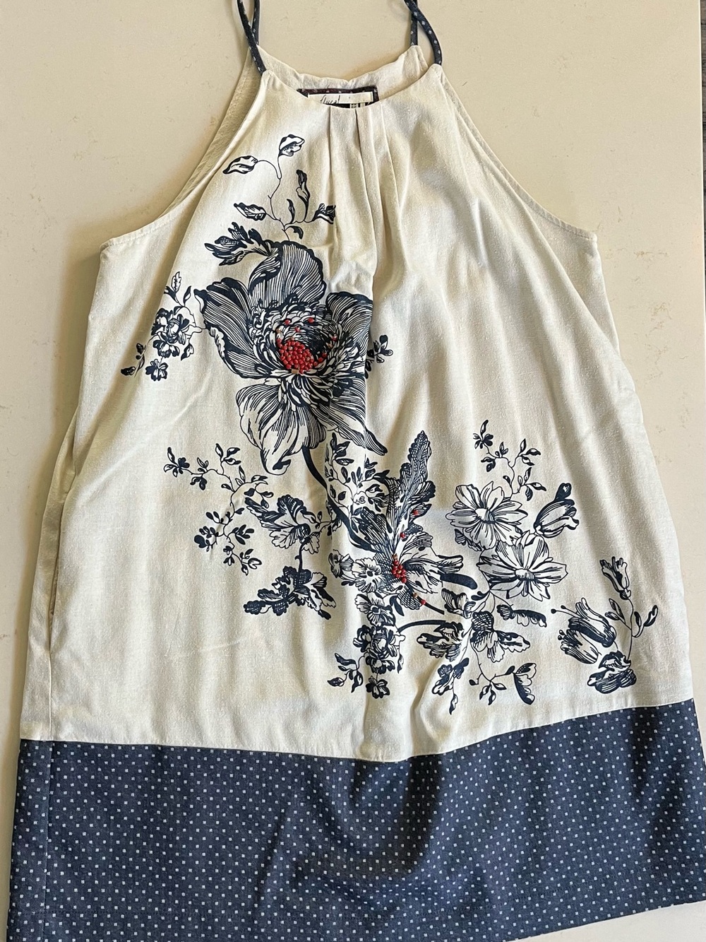 Floreat for Anthropology Cream linen Dress with Navy Floral and beaded Accent